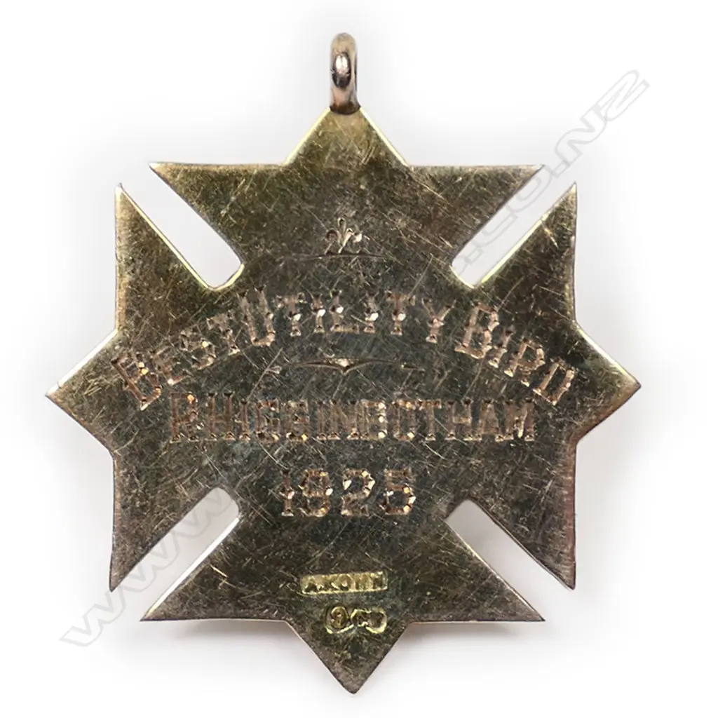 A. Kohn 9ct gold fob medal OPC Best Utility Bird 1925, Image 1++